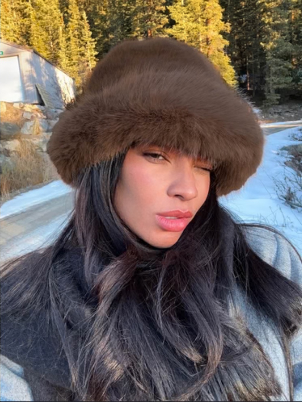 Brown Faux Fur Bucket Hat - Women's Winter Accessory